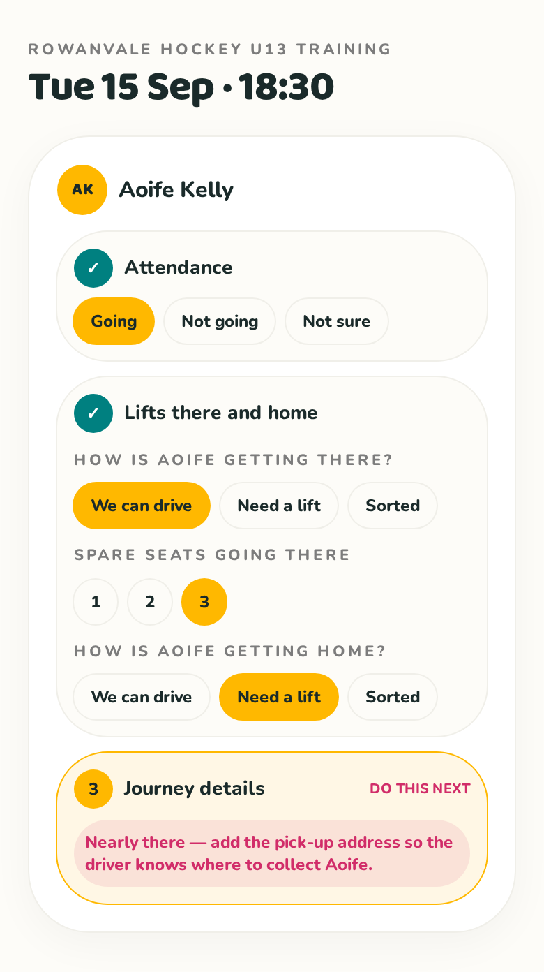 Answer screen: Is Aoife going, with Going selected, driving there with 3 spare seats, and needing a lift home