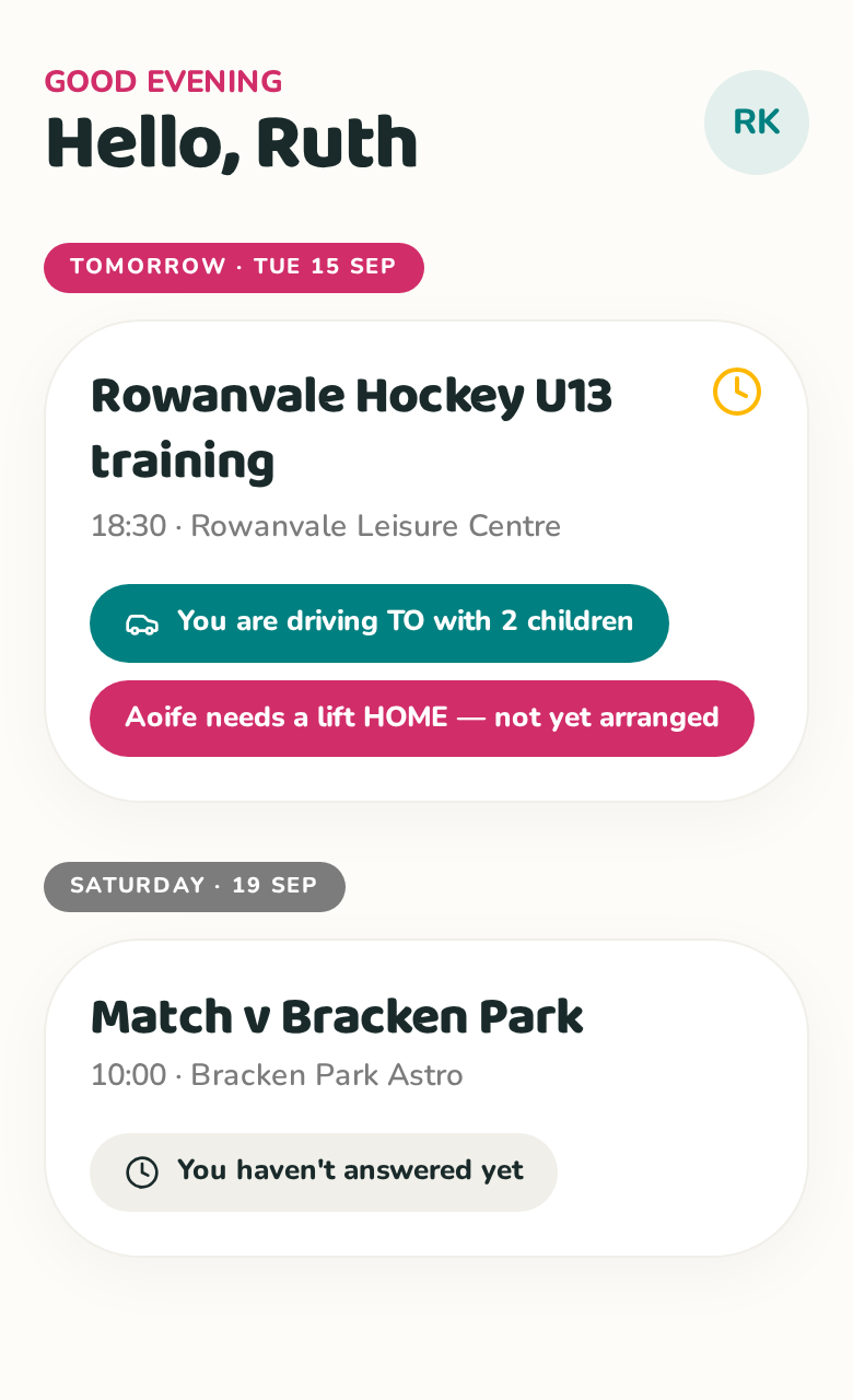 Home screen listing the next events with lift status for each